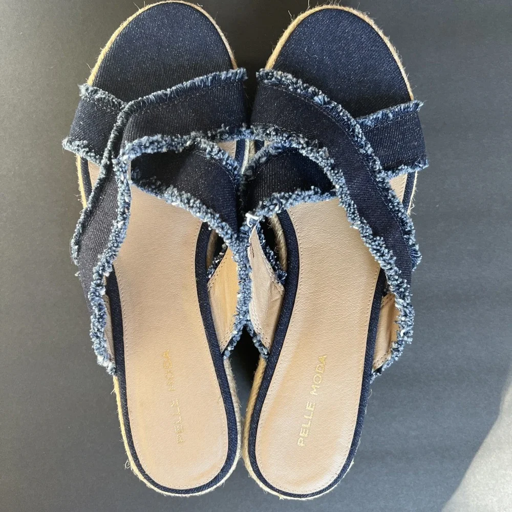 PELLE MODA Denim Frayed Blue Slip On Cork Wedge Espadrille Sandals Shoes Sz 9.5